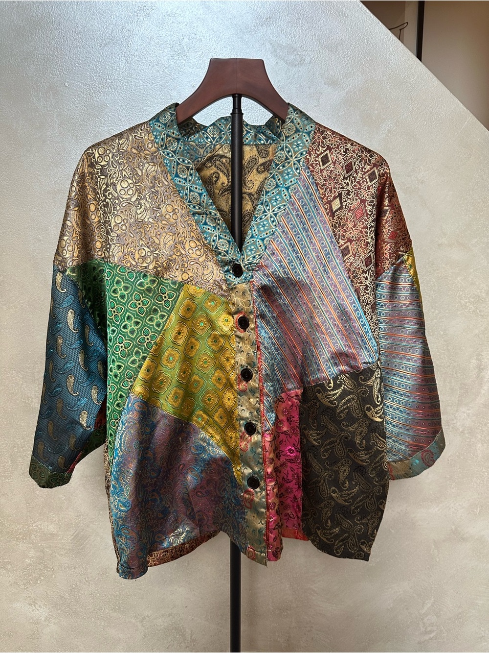Sacred Threads Multicolor Patchwork Satin Button-Front Top